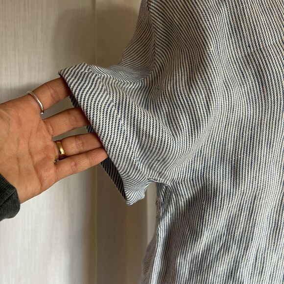 Blue Linen Shirt Dress Midi Tie Waist white striped casual nautical UK 16 NWT - Picture 4 of 12